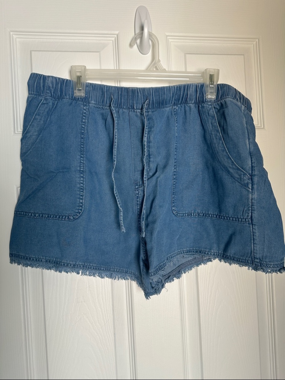 Time and Tru Soft Blue Denim Drawstring Shorts with Frayed Hem